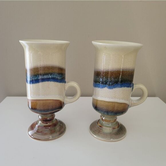 Vintage Otagiri Irish Coffee Mugs Pedestal Blue Beige Set of 2 1049 B - Picture 6 of 12
